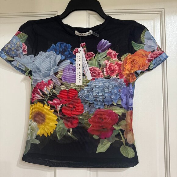 NEW with Tags Alice + Olivia Tess Crew Neck Mesh Tee In Garden Brunch Size S NWT - Picture 1 of 4